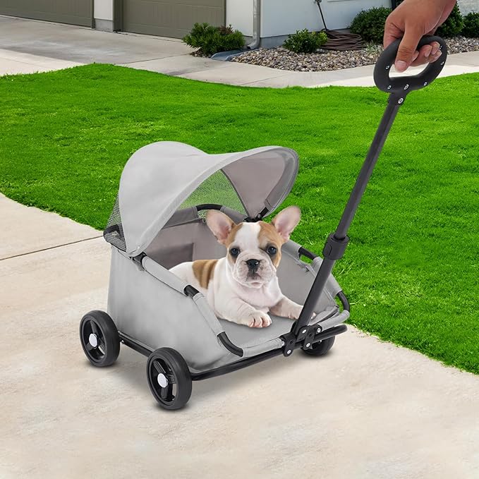 Small Dog Stroller, Pe4-Wheel Portable Dog & Cat Stroller with Semi-Open Design, Foldable Pet Cart with Canopy for Small Dogs or Cats Weighing Less Than 15.43 Pounds (Grey)