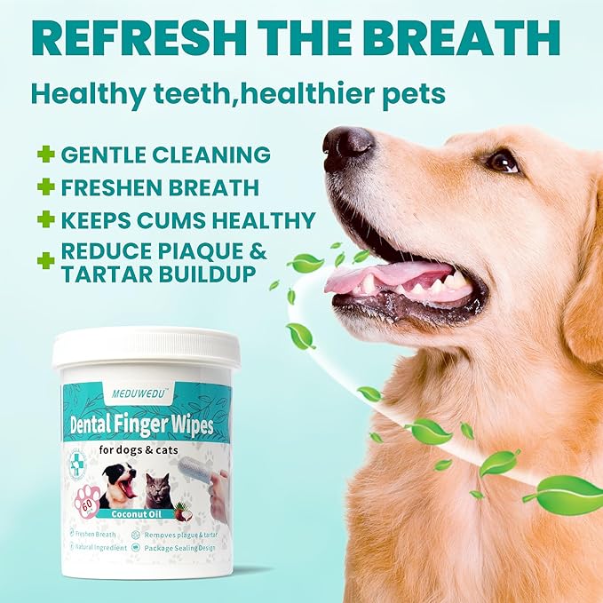 Wider Dental Care Finger Wipes 60 Counts,Teeth Cleaning Finger Wipes for Dogs & Cats,Reduces Plaque & Supports Oral Freshness, Small Animal Stain Removers, Coconut Scent