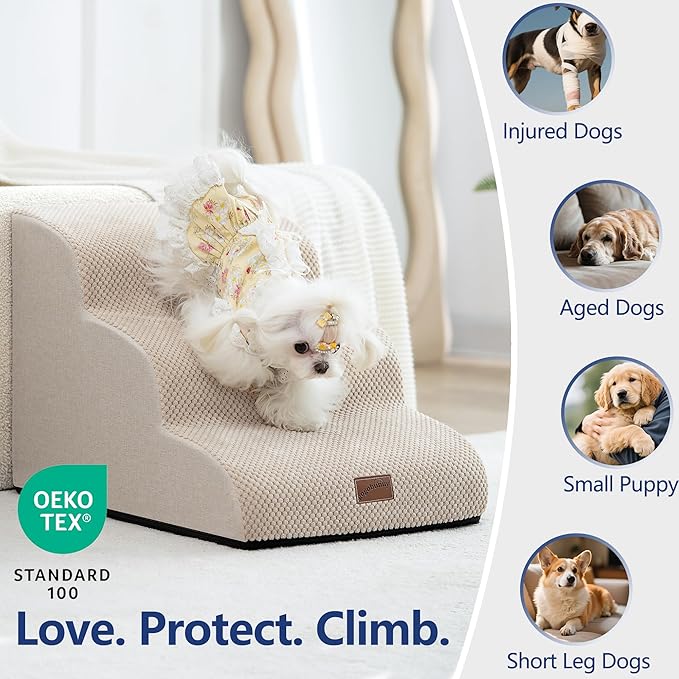 GoGoBunny Waterproof High Density Foam Curved Dog Stairs for High Beds Couches 19.7" H, 4-Step Ramp Dog Steps Friendly to Small Medium Dogs or Pets Joints, Non-Slip Balanced Durable Pet Step, Beige