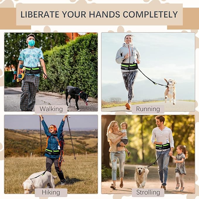 Hands-Free Waist Leash with Pouch for Two Dogs: Reflective Stitching, Dual Handle & Bungee Retractable Design – Ideal for Medium to Large Dogs (Green) – Dog Walking Accessories