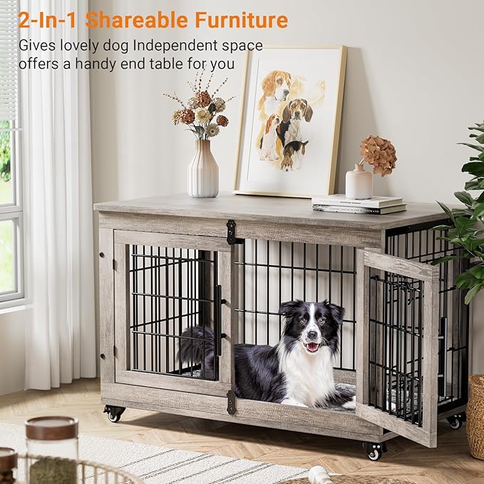 Lulive Dog Crate Furniture Set of 2, Dog Kennel Indoor Double Doors Wooden Dog Cage, 38'' Heavy Duty Dog Crate with Cushion & Wheels, End Table Pet House Chew-Resistant Up to 70 lb, Grey