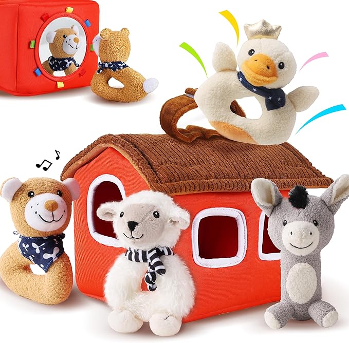 iPlay, iLearn Baby Toys 3 6 12 Month Newborn Gifts, Infant Soft Farm Stuffed Animal Rattles Plush Barn, Boy Girl Stuff, Shower Basket Stuffer, Sensory Hand Development Toy 0 2 4 7 9M 1 Yr - Farm