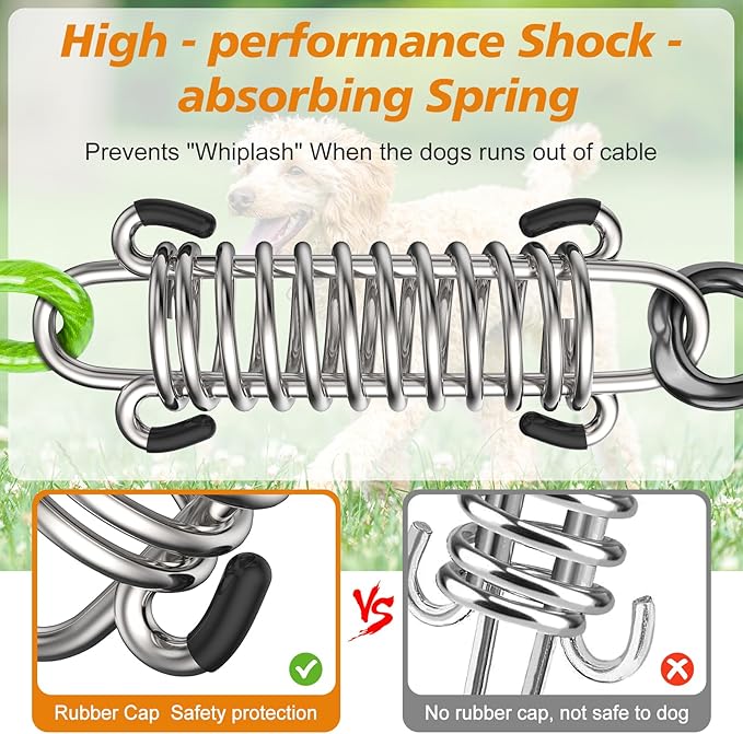 Tresbro 100FT Dog Tie Out Cable with Spring, Shock Absorbing Tether Chains for Outside Aavilable in 10/15/20/25/30/40/50/70/100/120 FT, Heavy Duty Leads for Yard for Medium & Large Dogs Up to 500 LBS