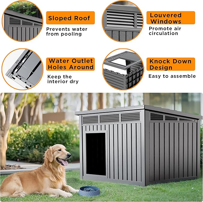VIXZEN Dog House Indoor Outdoor,Waterproof Dog House for Small to Medium Dogs,Doghouse with Air Vents and Elevated Floor,Openable at The Top,Easy to Assemble and Clean,Gray,32.2"×25.12"×24.13"