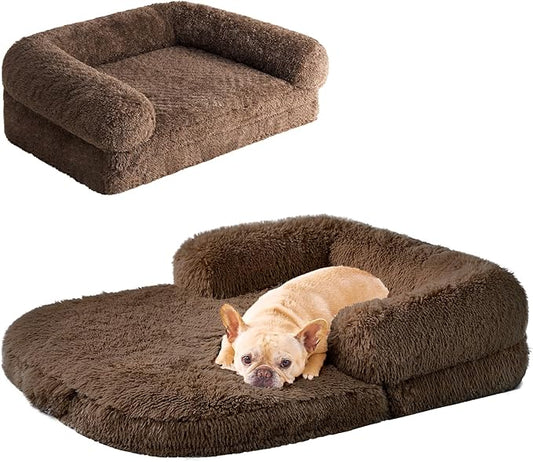 EHEYCIGA Foldable Dog Bed, Faux Fur Fluffy Dog Couch Bed, Orthopedic Calming Memory Foam Pet Bed for Small Dogs, Washable Soft Warm Pet Sofa Bed with Non-Slip Bottom, Brown, 40"x30"x6"