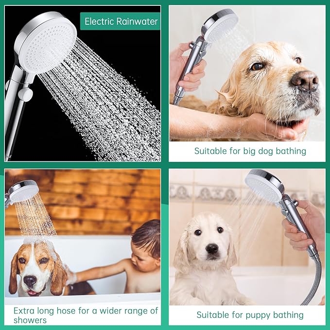 VSincerity Dog Shower Head Sprayer Pet High Pressure 3 Mode Handheld with ONOFF Switch Metal Diverter 100Inch ExtraLong Stainless steel Hose No Drill Hook Chrome 2 Piece Set