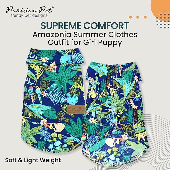 Parisian Pet Unisex Amazonia Shirt - Leafy Beach Outfit for Dogs - Cotton Summer Clothes - Stylish Hook and Loop Closure Costume - Machine Washable Shirts for Small Dogs - XS
