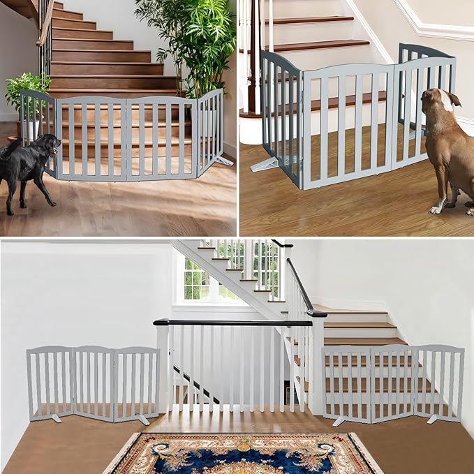 ZJSF Foldable Freestanding Indoor Dog Gate for House Wood Long Pet Gates Dog Fence for Stairs Puppy Gates for Hallways, Puppy Gate,Support Feet Included, Grey, 32 "Height-3 Panels