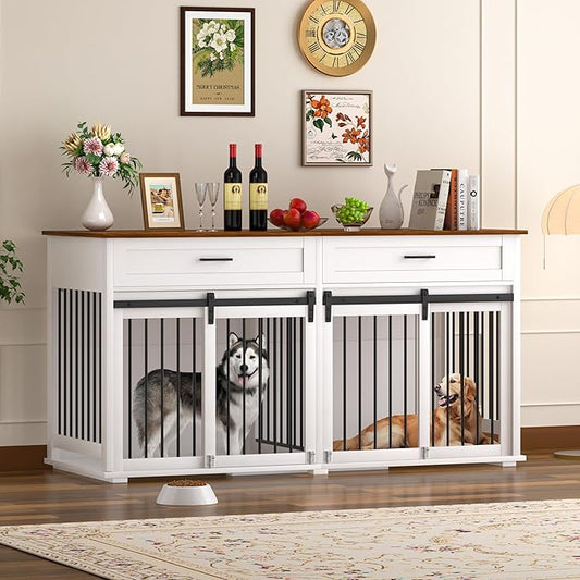 MUPATER 63" L x 23.6" W x 33.3" H Double Wooden Dog Cage Table with 2 Large Drawers & Safety Locks, Large Dog Crate Furniture for 2 Dogs with Removable Divider, Decorative Indoor Dog Kennel Furniture
