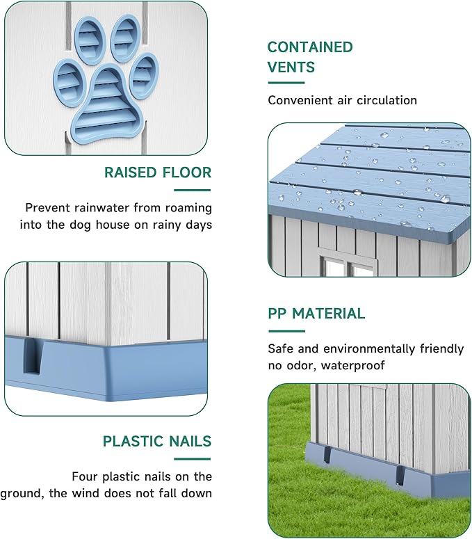 Vixzen 38in Large Outdoor Dog House,Durable Water Resistant Resin Dog House,Doghouse for Small to Large Dogs Indoor or Outside,with Air Vent and Elevated Floor,Blue