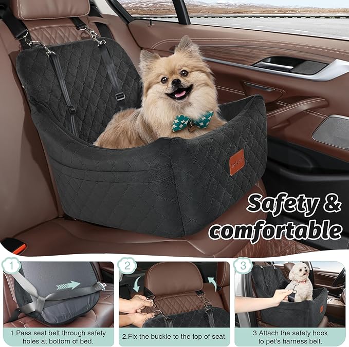 Dog Car Seat for Dogs Up to 35lbs,Fully Detachable and Washable,Memory Foam Covered Soft Fabric,Easy to Install with Adjustable Straps,Anti-Slip Bottom,Two Side Pockets(Black,Medium)