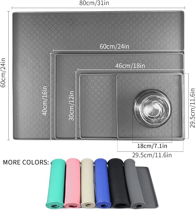 Ptlom Grey Pet Placemat for Dog and Cat, Waterproof Anti-Slip Pet Feeding Bowl Mats for Food and Water, Small Medium Large Tray Mat Prevent Residues from Spilling to Floor, Silicone, 31.5" 23.6"