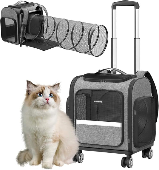 Rolling Cat Carrier with Wheels: Dog Carrier for Small Dogs & Large Cats, Expandable Pet Carrier on Wheels with Cat Play Tunnel, Large Capacity, Breathable Mesh, Side Pocket, Grey