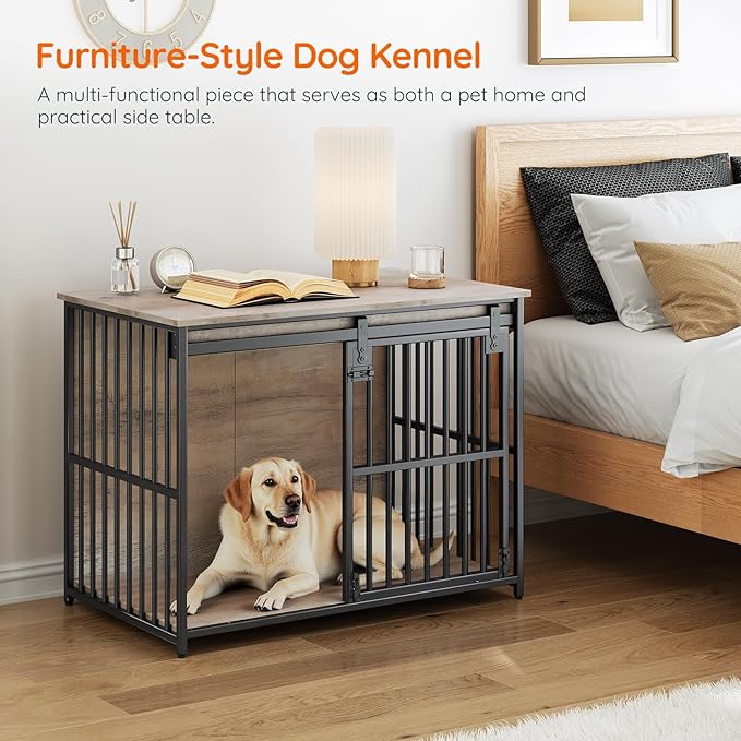 HOOBRO Dog Crate Furniture, 36.6" Heavy Duty Dog Kennel with Sliding Barn Door, Wooden Dog Cage Indoor, Decorative Side End Table for Small/Medium Dogs, Greige and Black GY162GW03G1