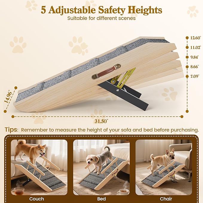 Small Dog Ramp for Bed Couch, Pet Ramp for Small Old Dogs Cats with 5 Adjustable Heights from 7.09" to 12.60", Portable Non-Slip Dog Ramp for High Bed, Couch, Hold up to 100 LBS