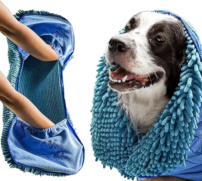 Tuff Pupper Quick Dry Towel for Dogs | Ultra Absorbent Microfiber Shammy | Extra Large 35x15 Size Dog Bath Towel | Comfortable Hand Pockets | Indoor Outdoor Use | Durable Material | Machine Washable
