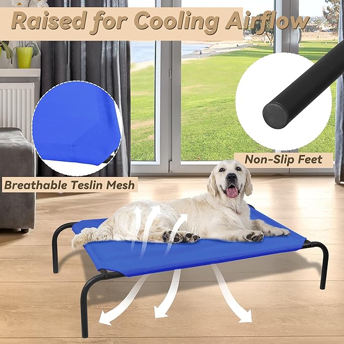 PHYEX Elevated Dog Bed for Large Dogs, Raised Dog Bed with Breathable Mesh, Dog Cot Bed with Sturdy Steel Frame for Indoor & Outdoor Use, Non Slip, Easy to Clean, 50.5 Inches, Blue