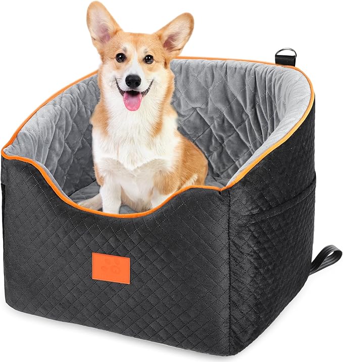 Dog Car Seat for Small Dogs, Memory Foam Booster Dog Seat for Dogs up to 35 lbs, Elevated Pet Car Seat with Washable Removable Cover, Storage Pockets(Black/Gray)