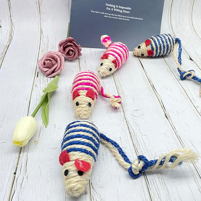 LUOZZY 4Pcs Cat Mouse Toys Adorable Sisal Mice Toys Kitten Chewing Toy Funny Indoor Animal Shape Props Pet Supplies - Blue+Pink 1.38x5.11in