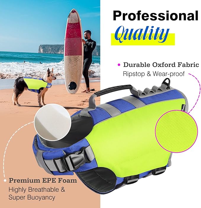 Pawaboo Reflective Dog Life Jacket, Dog Safety Vest Adjustable Pet Life Preserver with Strong Buoyancy & Sturdy Rescue Handle, Dogs Lifesaver Vests for Boating, Swimming, L, Bright Yellow