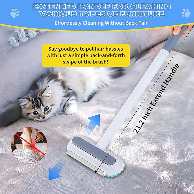 Pet Hair Remover for Furniture – 23.2Inch Reusable Dog & Cat Hair Removal Brush, Washable Lint Cleaner with Long Handle, 4-in-1 Pet Hair Remover for Couch, Carpet, Clothes & Bedding