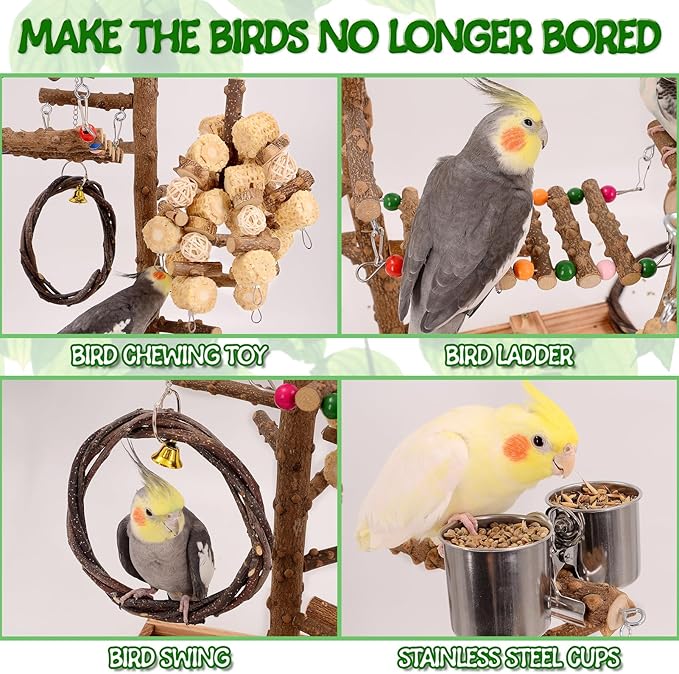 Bird Playground - Natural Wood Bird Perch Stand with Removable Tray and 2 Stainless Steel Cups