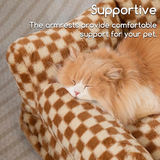 Hollypet Fluffy Plush Dog Cat Pet Couch Soft Calming Sofa Bed for Medium Small Cats and Dogs, Brown and Light Yellow