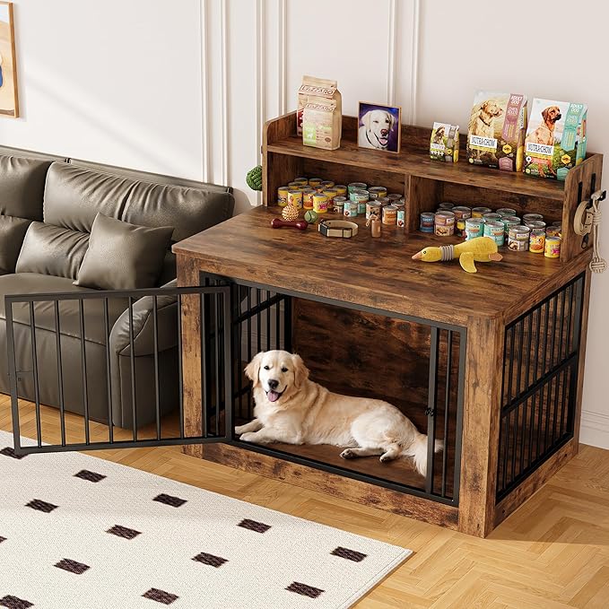 IRONCK Extra Large Dog Crate Furniture, 43.3 inches Wooden Dog Crate with Storage and 4 Hooks, Heavy Duty Pet Crate for Large Dog, Decorative Pet Cage for Indoor (30" L x 43.3" W x 41.1" H)