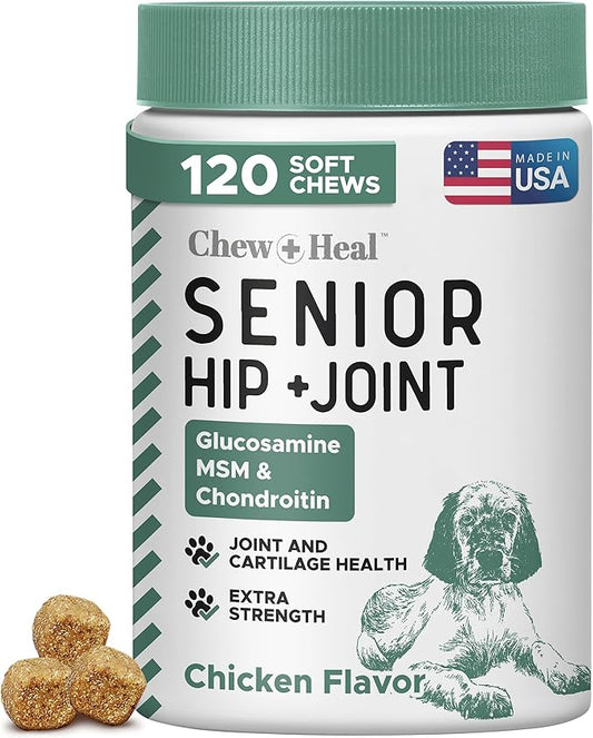 Glucosamine for Dogs Hip and Joint Supplement - 120 Soft Chews for Senior Dogs with Glucosamine, Chondroitin, MSM, Vitamin C, and Omegas - for Mobility, Cartilage, and Joint Health