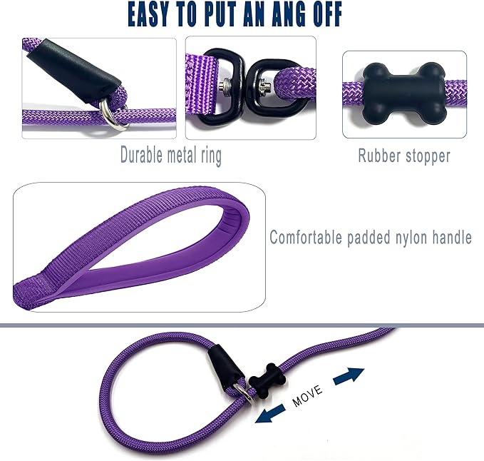 Slip Lead Dog Leash，Strong Nylon Rope Leash and Padded Handle,No Pull Outdoor Walking Training Lead for Small Medium Large Dogs (Purple, 1/2"×6ft)