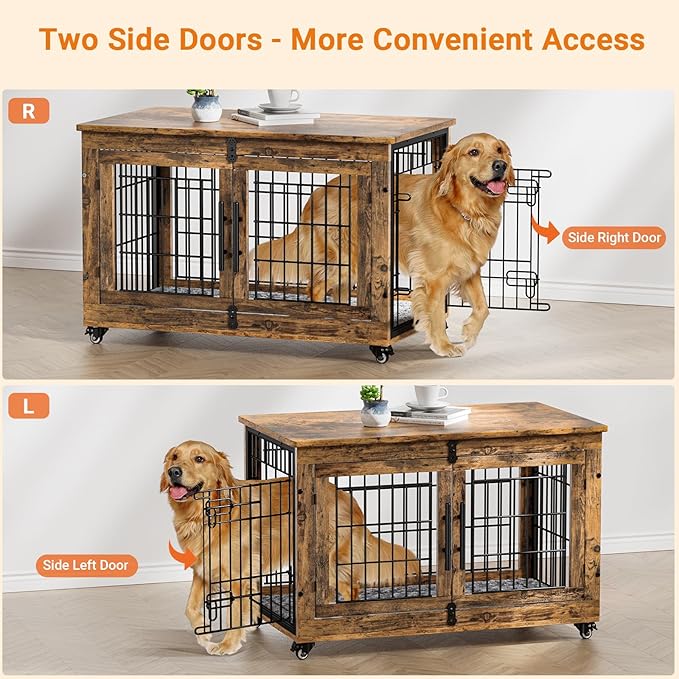 Lulive Dog Crate Furniture, Dog Kennel Indoor Double Doors Wooden Dog Cage, 38'' Heavy Duty Dog Crate with Cushion & Wheels, Decorative End Table Pet House Chew-Resistant for Large/Medium, Brown