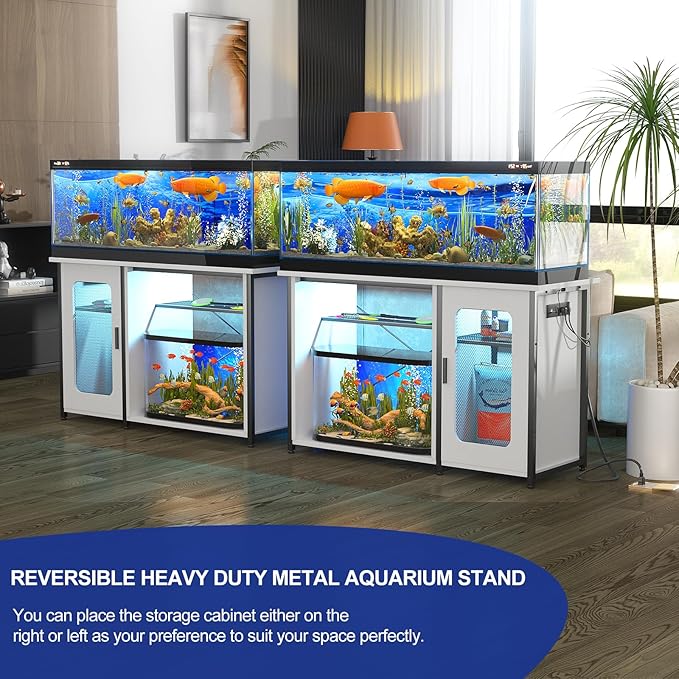 55-75 Gallon Fish Tank Stand with Power Outlets & LED Light, Reversible Heavy Duty Metal Aquarium Stand with Cabinet for Fish Tank Accessories Storage, Turtle/Reptile Terrariums, White
