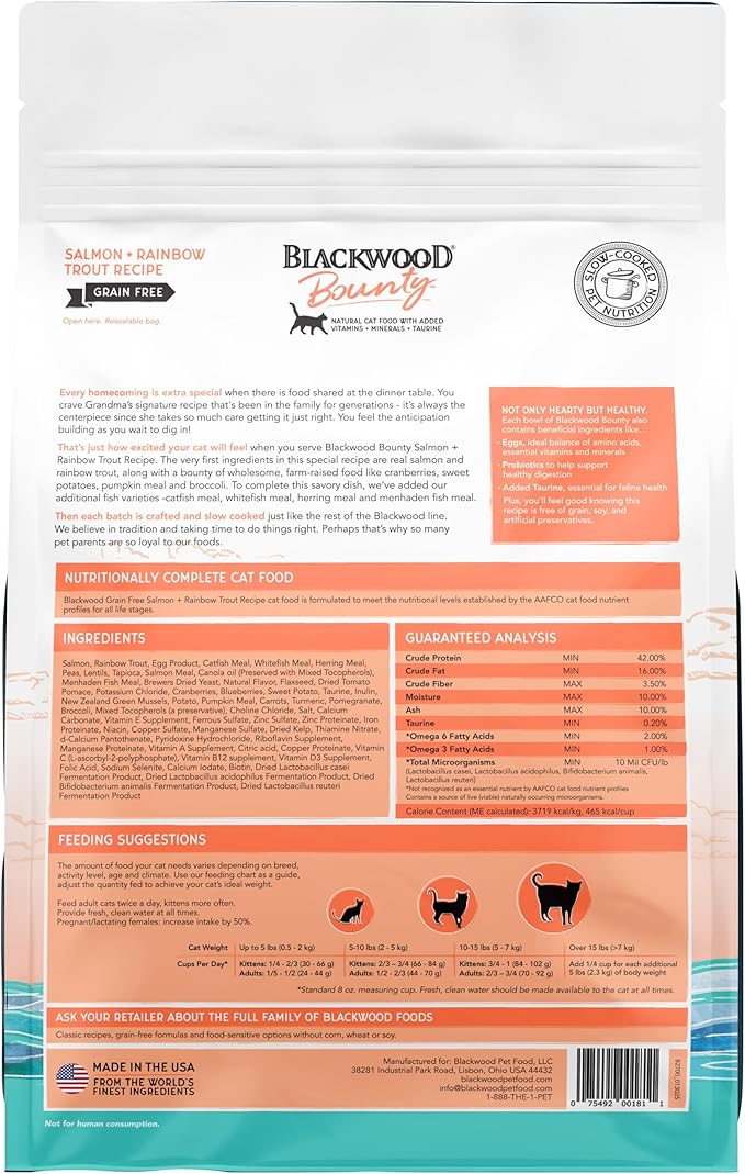 Blackwood Bounty Dry Cat Food, Salmon & Rainbow Trout Recipe for All Life Stages, 10 Pound Bag, High Protein, Grain Free