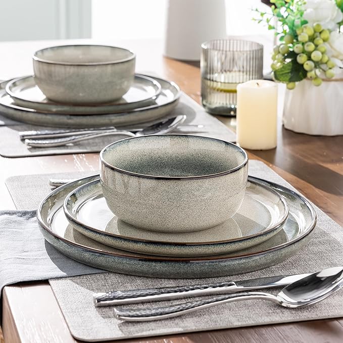 GBHOME Ceramic Dinnerware Sets for 4, 12 Pieces Stoneware Plates and Bowls Sets, Reactive Glaze Dishes -Scratch Resistant, Dishwasher&Microwave Safe, Green Wheat