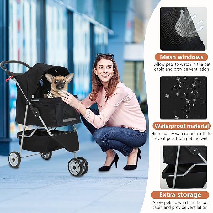 Travel Folding Pet Jogger for Small Medium Dog Cat - Folding Stroller with Storage Basket, Removable Cup Holders (Black, 3 Wheels)