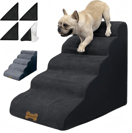 Dog Stairs & Pet Ramp for Small/Large Dogs to High Beds/Couches - 5 Steps 24-inch Height for 18-30 inch Furniture, 2 Washable Covers (Black, Grey), Non-Slip Balanced 33D Design for Old Dogs & Cats