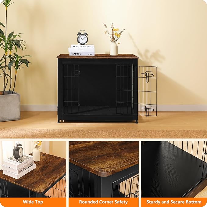 DWANTON Dog Crate Furniture with Cushion, Wooden Kennel Table with Double Doors, Indoor Dog House, Medium Size, 32.5" L, Black+Rustic Brown