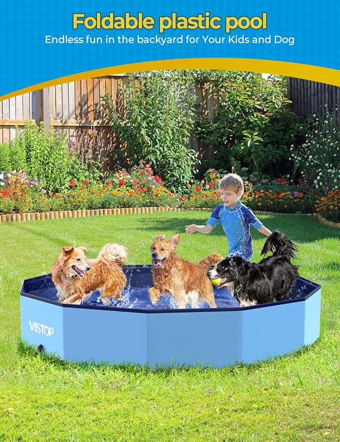 VISTOP Extra Large Foldable Dog Pool XXL, Hard Plastic Shell Portable Swimming Pool for Dogs Cats and Kids Pet Puppy Bathing Tub Collapsible Kiddie Pool (67inch.D x 11.8inch.H, Blue)