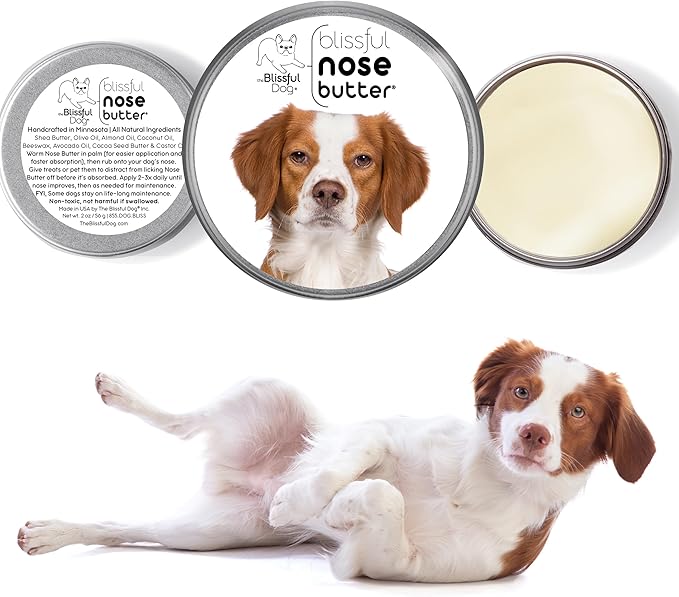 The Blissful Dog Brittany Spaniel Nose Butter for Dry, Cracked Skin, Lick-Safe Dog Nose Balm with Moisturizing Shea Butter, Almond, Olive, and Essential Oils, Pet Supplies, Uncented, 2 oz.