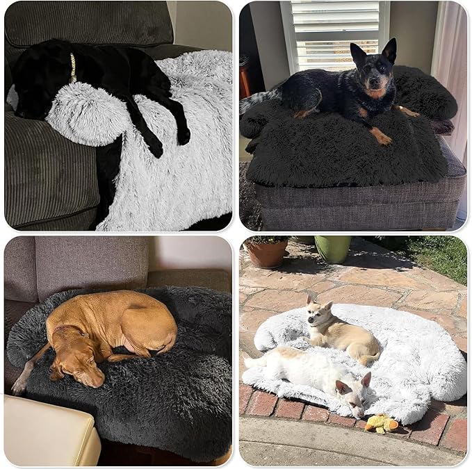 Calming Dog Bed Fluffy Plush Dog Mat for Furniture Protector with Removable Washable Cover for Large Medium Small Dogs and Cats (Large, Light Grey)