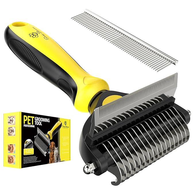 Spring Blossoms-2 in 1 Professional Grooming Rake for Cats & Dogs-Dematting Comb for Easy Mats & Tangles Removing,Pet Brush Safe No More Nasty Shedding and Flying Hair (Lemon Yellow)