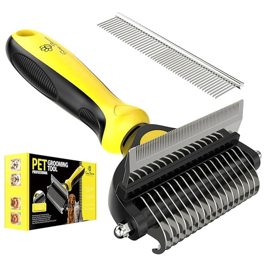 Spring Blossoms-2 in 1 Professional Grooming Rake for Cats & Dogs-Dematting Comb for Easy Mats & Tangles Removing,Pet Brush Safe No More Nasty Shedding and Flying Hair (Lemon Yellow)