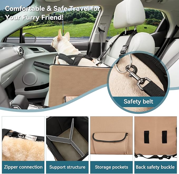 Petsfit Dog Booster Seat, Washable Pet Car Booster Bucket Seat with Portable Carrying Case for Puppy, Cats, Small Dogs (Small, Tan)