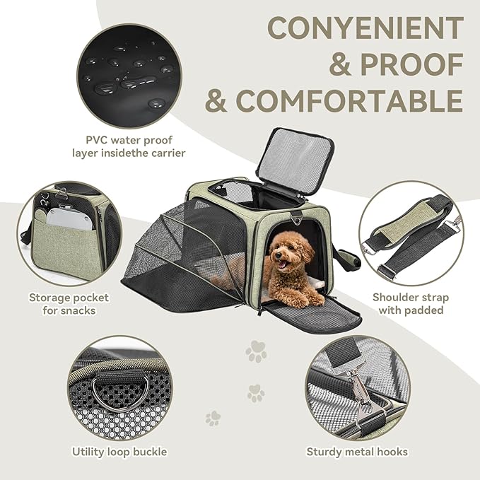 Petsfit Expandable Cat Dog Carrier Airline Approved, 17" L x 11" W x 11" H Soft-Sided Portable Pet Travel Carrier for Kitten, Puppy, Removable Soft Plush Mat and Pockets, Auto-Locking Zippers