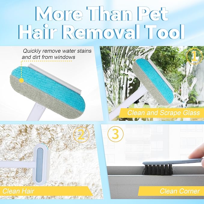 Pet Hair Removal Tool, 4 in 1 Reusable Washable Lint Brush for Cat and Dog Hair Remover, Gentle on Furniture with Extra Long Handle for Couch, Carpet, Clothing, Bedding, Car, Window
