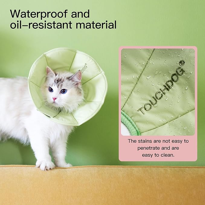 Touchdog Foldable Dog Cone Collar for Cats & Dogs - Adjustable Soft Recovery Collar with Waterproof PU Coating, Lightweight Design, 24.5cm/9.6in Wide Barrier (Green, S)
