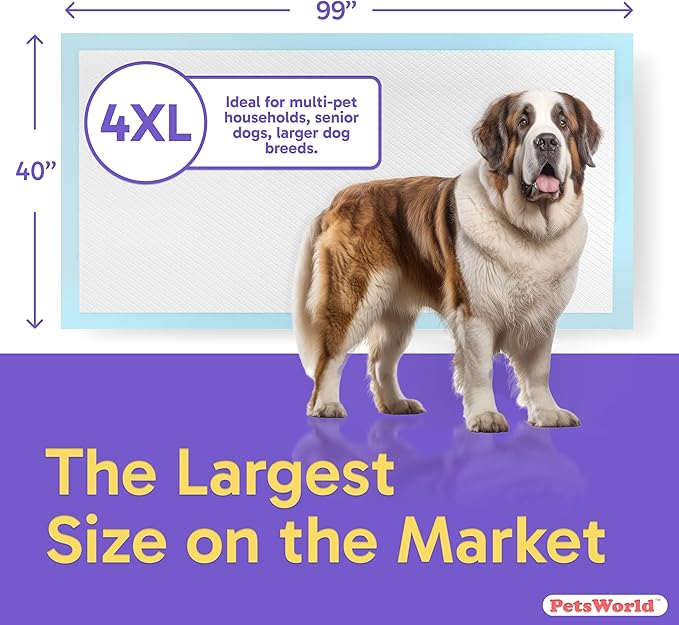 PETSWORLD Mega-Sized Dog Pee Pads (40" x 99") – 4XL Gigantic Pet Piddle Pads for Puppy Training, Incontinence – with Adhesive Sticky Tape – Leak Proof, 5-Layer Protection (40 Count)