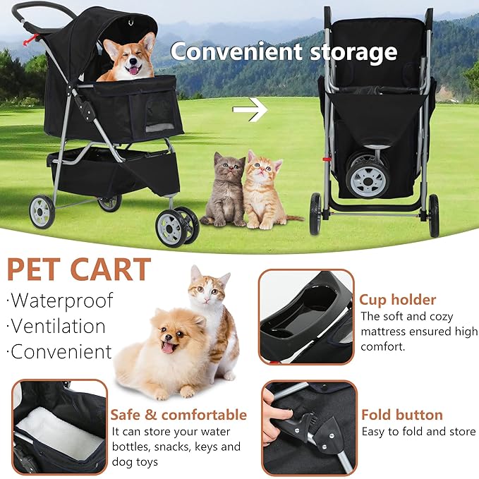 Travel Folding Pet Jogger for Small Medium Dog Cat - Folding Stroller with Storage Basket, Removable Cup Holders (Black, 3 Wheels)