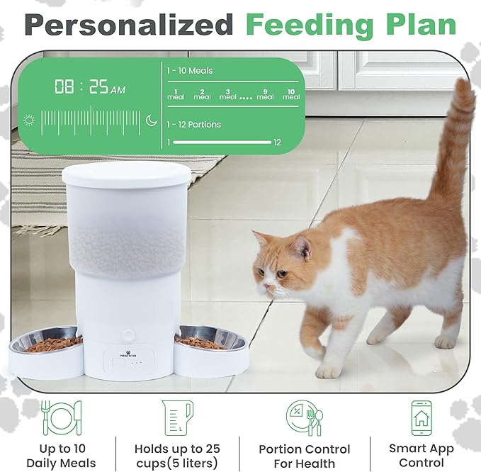 Automatic Cat Feeder for 2 Cats – Dual Food Dispenser with App Control, 5L Capacity (20 Cups), Smart Cat Food Dispenser for Multi Cats, Dual Pet Feeder with Stainless Steel Bowls and WiFi