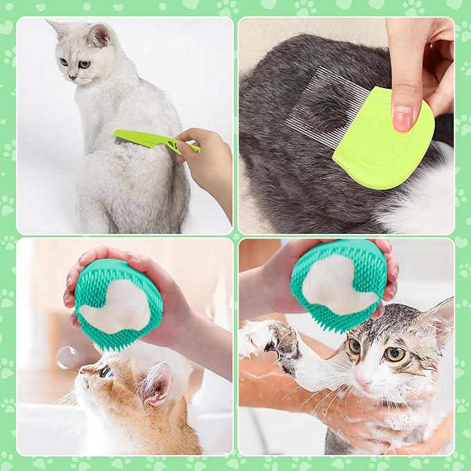 VCZONE 8 Pcs Cat Brush Grooming Kits, Pet Self Cleaning Kit with Pet Nail Clipper and File, Flea Comb, Pet Shampoo Bath Brush, Pet Shedding Brush, Silicone Toothbrush (Green)